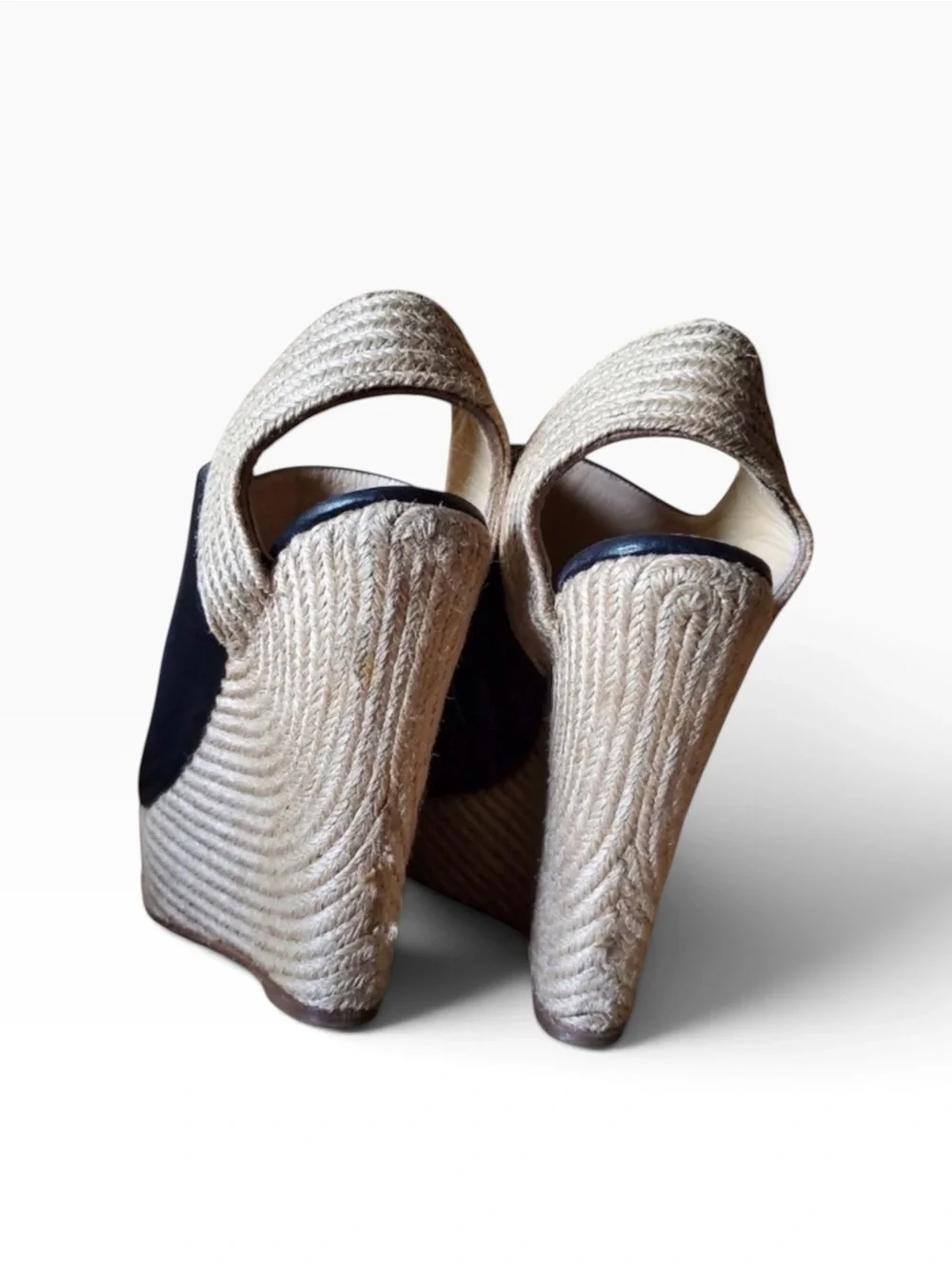Gucci Black Leather Peep-Toe Espadrille Wedge
